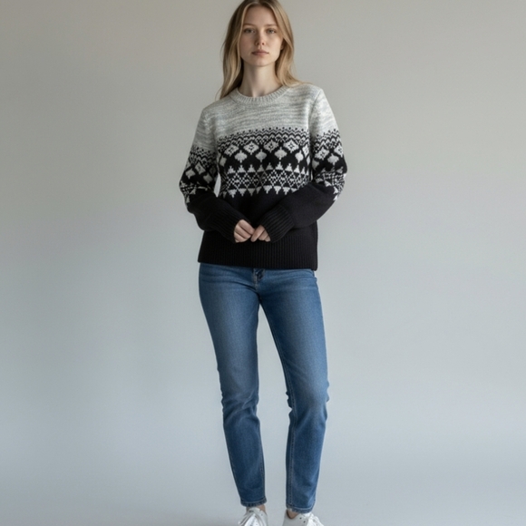 Banana Republic Alpaca/Merino Wool Italian Yarn Sweater Fair Isle Black/Gray S - Picture 1 of 9